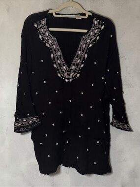 Cathy Daniels Black V-Neck Tunic with White Embroidery